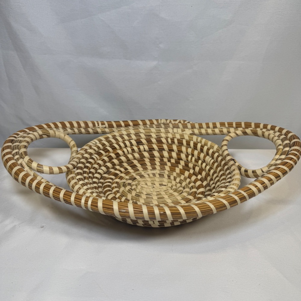 Handmade Coiled Sweetgrass Winged Basket Natural Fiber Woven Decorative Bowl